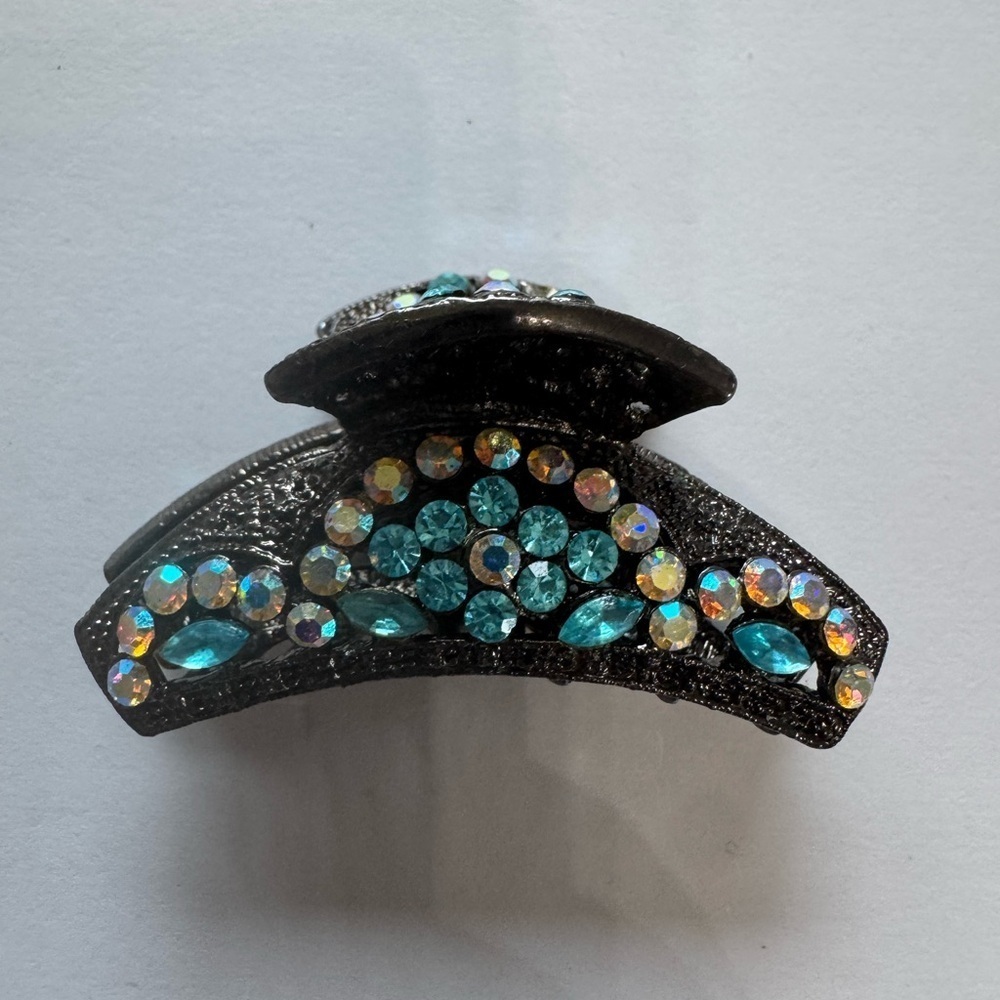 Chic Black Hair Clip with Blue and Iridescent Gems
